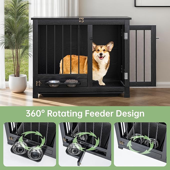 Dog Crate - 31.5" Wooden Dog Cage with Removable Tray & 360° Rotating Feeder | Decorative Dog Kennel Furniture Indoor | Multi-Functional End Table for Medium & Small Dogs | Black Portable Pet Crate