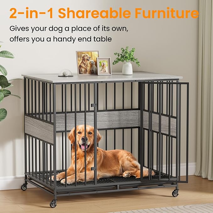 Dog Crate Furniture for Large Dogs, 42 Inch Indoor Large Kennel, Wooden Pet Cage Decorative Corner End Table with Caster Wheels & Double Removable Tray, Greige