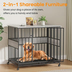 Dog Crate Furniture for Large Dogs, 42 Inch Indoor Large Kennel, Wooden Pet Cage Decorative Corner End Table with Caster Wheels & Double Removable Tray, Greige
