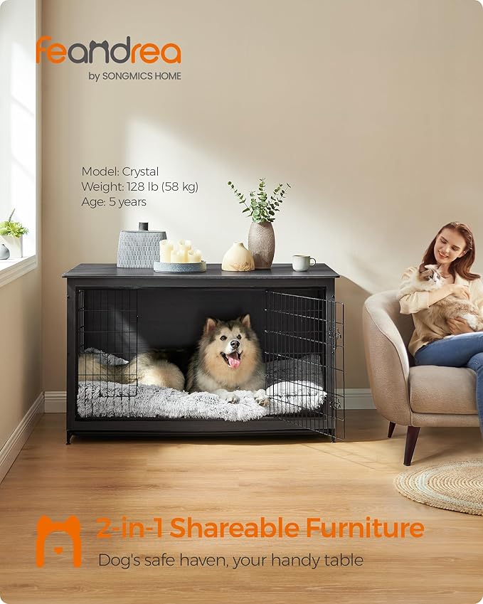 Feandrea Dog Crate Furniture, 56.1" Modern Kennel for Dogs Indoor up to 105 lb, Heavy-Duty Dog Cage with Multi-Purpose Removable Tray, Double-Door Dog House, Ink Black UPFC005B01