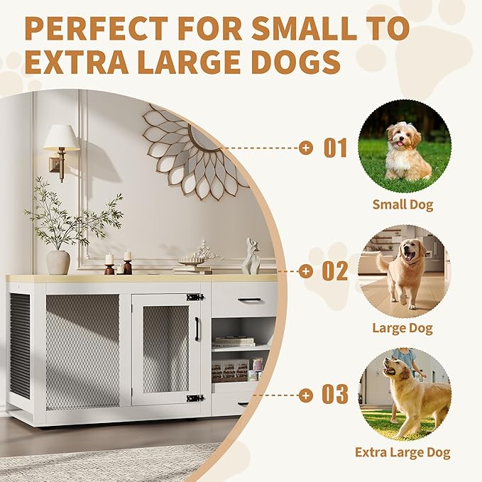 90 Inch Large Dog Crate Furniture, Double Dog Crate with Feeding Station & Storage, Heavy Duty Dog Kennel Furniture for 2 Dogs