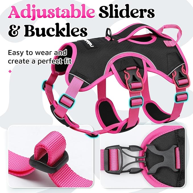 rabbitgoo Escape Proof Dog Harness Large Dogs, Soft Padded Full Body Pet Harness, Reflective Adjustable No Pull Vest with Lift Handle and Leash Clip for Walking Hiking Training, Pink & Black, XL