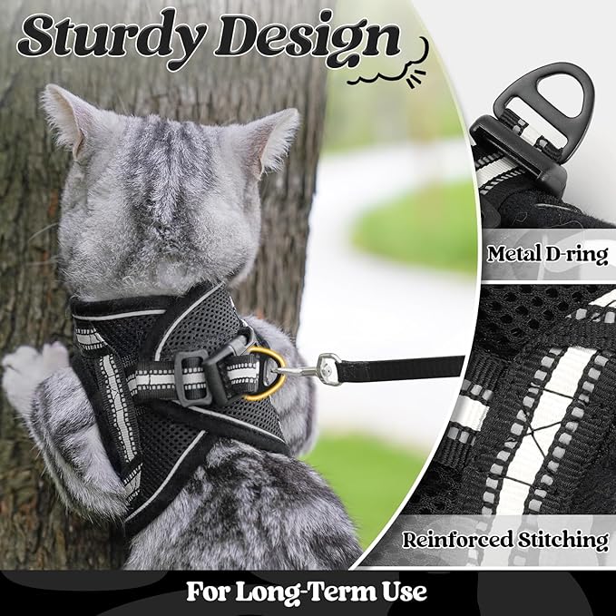 rabbitgoo Cat Harness and Leash Set for Walking Escape Proof, Adjustable Soft Kittens Vest with Reflective Strip for Cats, Comfortable Outdoor Vest, Black, XL