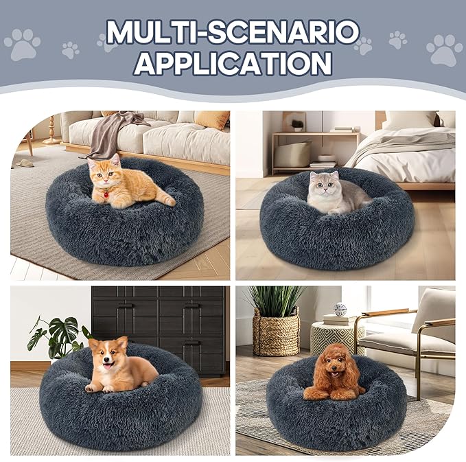 Calming Round Cute Cat & Dog Bed, Anti-Slip Washable Cozy Soft Round Pet Bed, Fluffy Faux Fur Plush Dog Cuddler Bed Fits up to 5 lbs Dogs and Cats(Donut Dark Grey, 16inch x 16inch)