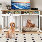 63'' Dog Crate Furniture for 2 Dogs, Wooden Dog Cage with Storage Compartment, Indoor Dog Kennel with 4 Doors for Large/Medium Dogs, White