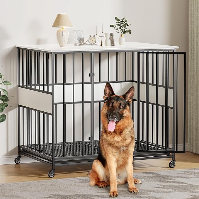 Dog Crate Furniture for Extra Large Dogs, 47 Inch Indoor Kennel, Wooden Pet Cage Decorative Corner End Table with Caster Wheels & Double Removable Tray, White