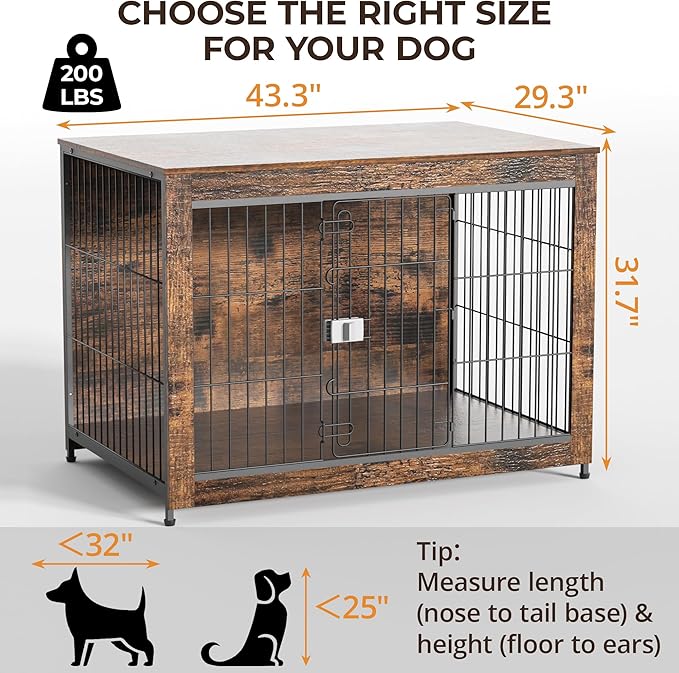 Dog Crate Furniture, Wooden Dog Crate 43in, Decorative Cage with End Table for Dog Indoor Kennel, High Anxiety Dog, Escape-Proof Locks for All Breeds