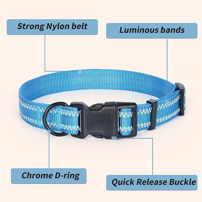 Mile High Life Nylon Night Light Glow Collar, Reflective Light Up Dog Collar, Fluorescent Self-Luminescent Strap for Small Medium Large Dogs (Hot Blue, XS Neck9-13")
