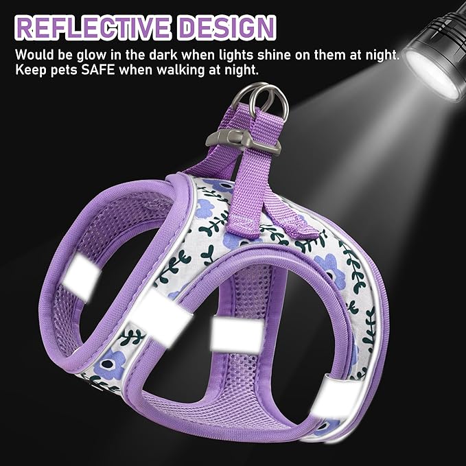GAMUDA Small Dog Harness Collar and Leash Set, Step in No Chock No Pull Soft Mesh Adjustable Dog Vest Harnesses Plaid Reflective for Dogs Puppy Cats Kitten Rabbit (Purple Flower, S)