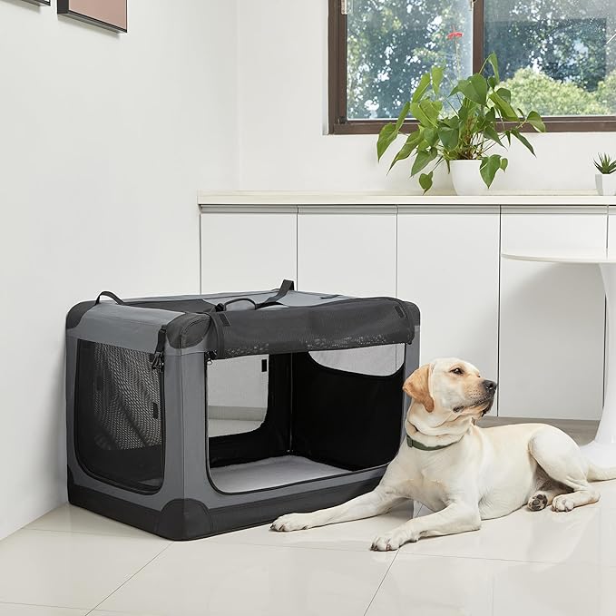 Amazon Basics Portable Dog Crate Pet Carrier 4-Door Soft Folding Cat Carrier Large, 36L x 24W x 24H inches, Grey