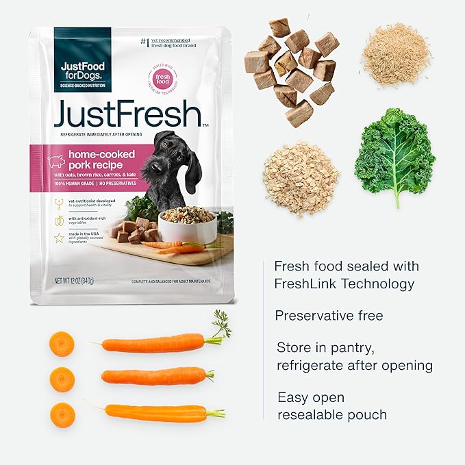 JustFoodForDogs JustFresh Home-Cooked Pork Dog Food with No Preservatives, Resealable Package, Human Grade Wet Dog Food, 12 oz - 7 Pack