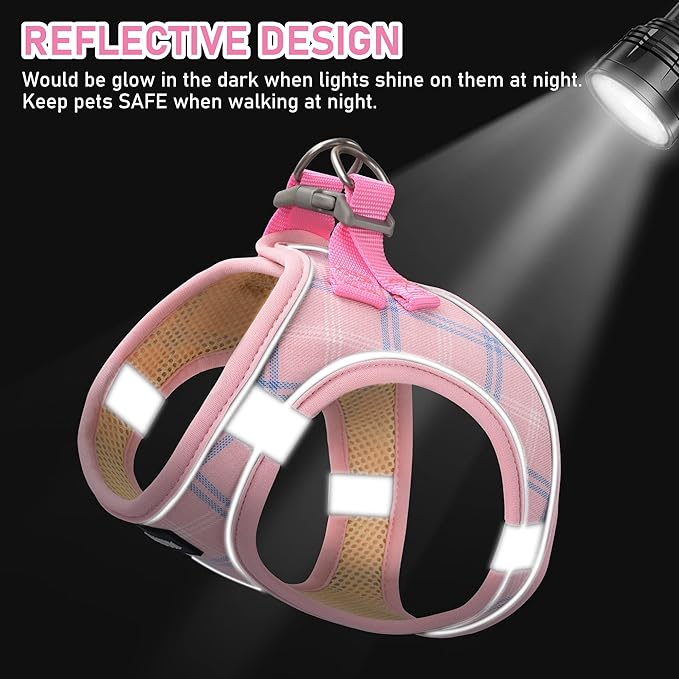 GAMUDA Small Dog Harness Collar and Leash Set, Step in No Chock No Pull Soft Mesh Adjustable Dog Vest Harnesses Plaid Reflective for Dogs Puppy Cats Kitten Rabbit (Pink, S)