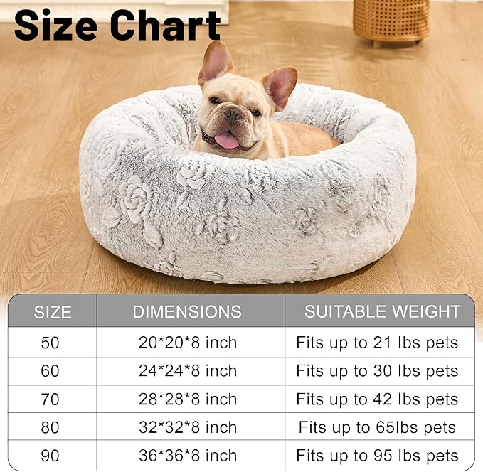 Dog Calming Beds for Small Medium Large Dogs - Round Donut Washable Puppy Dog Bed, Anti-Slip Faux Fur Fluffy Donut Cuddle Anxiety Cat Pet Bed (24" Rose)