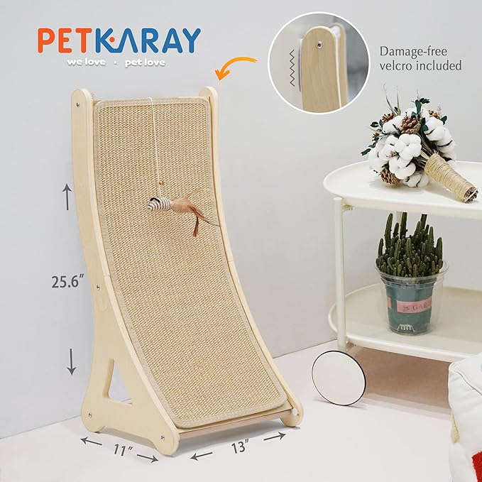 PETKARAY Curved Cat Scratcher, Sisal Kitty Scratching Ramp, L Shape Scratch Pad for Indoor Cats, 25.6" Furniture Protector with Mouse Toy