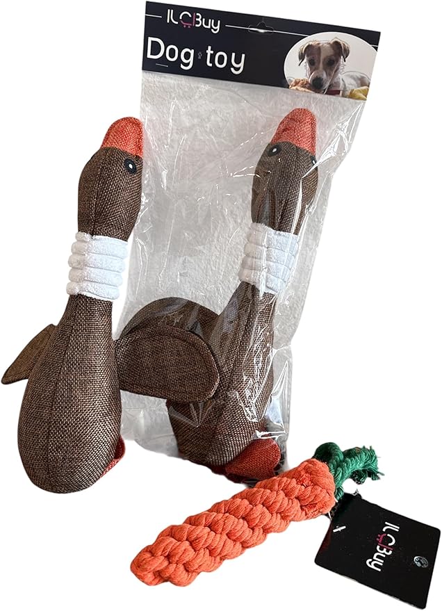 Dog Toy Bundle – 2 Durable Plush Squeaky Goose Toys + 1 Carrot Rope Chew Toy – Interactive Play Set for Small & Medium Dogs
