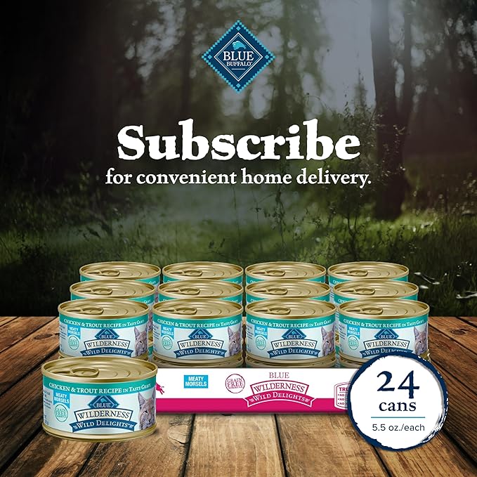 Blue Buffalo Wilderness Wild Delights Meaty Morsels Wet Cat Food, High-Protein & Grain-Free, Made with Natural Ingredients, Chicken & Trout Recipe in Tasty Gravy, 3-oz. Cans (24 Count)
