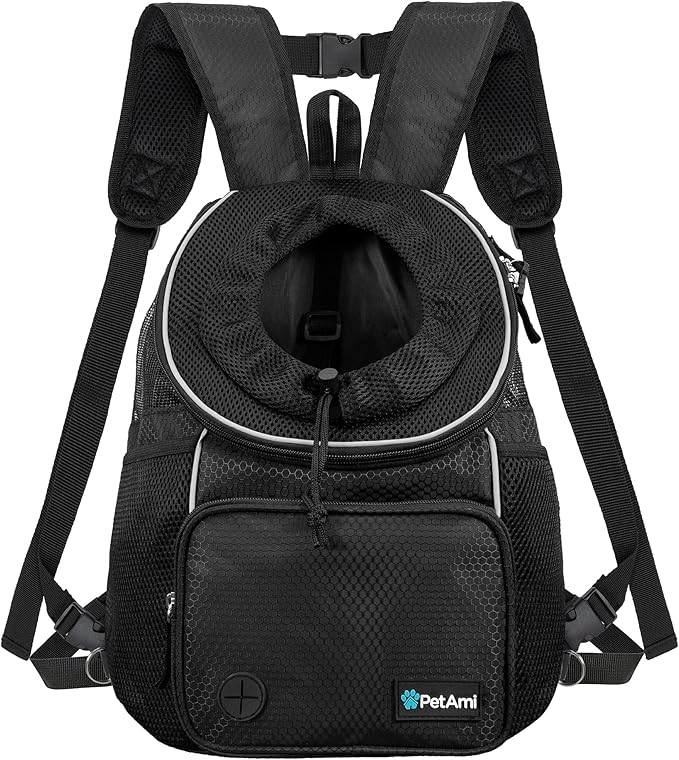PetAmi Adjustable Dog & Cat Chest Carrier Backpack, Ventilated for Hiking, Camping & Travel, Max 10 lbs, Black
