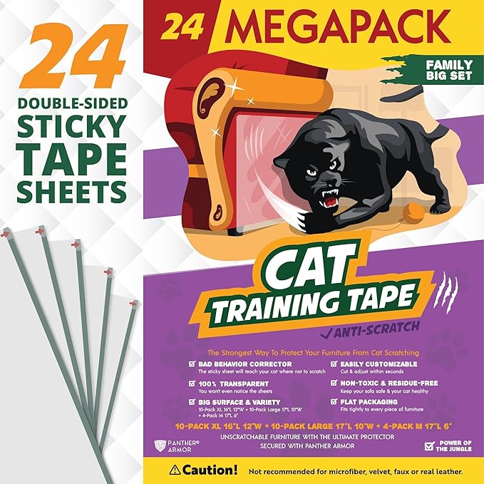 24 Pack Cat Scratch Furniture Protector Tape Sheets – Double-Sided Sticky Training (10 XL, 10 Large, 4 Medium) – Anti-Scratch Couch & Sofa Guard – Clear – Not for Leather, Velvet, Microfiber