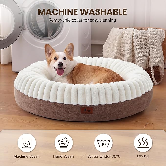 Donut Dog Bed Medium Size Dog, Round Cat Beds for Small Medium Dogs and Cats with Washable Fluffy Faux Fur, Cute Comfort Pet Bed with Anti-Slip Bottom, Cream, 36"
