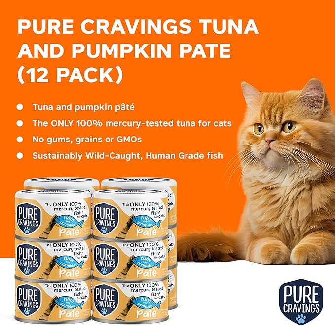 Tuna and Pumpkin Pate, Canned Wet Cat Food, 100% Mercury-Tested, Moist Can Fish, Grain-Free Protein, Non-GMO, 12 Pack