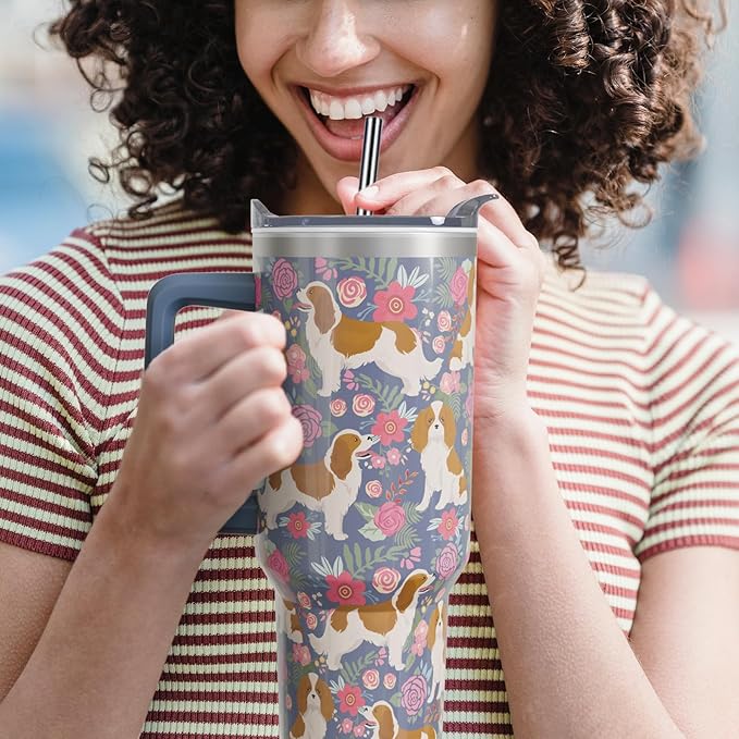 Cavalier King Charles Spaniel Gifts for Women Dog Lovers 40 oz Floral Cavalier King Charles Spaniel Tumblers with Handle and Straw, Stainless Steel Vacuum Insulated Travel Coffee Mug Cup Water Bottle