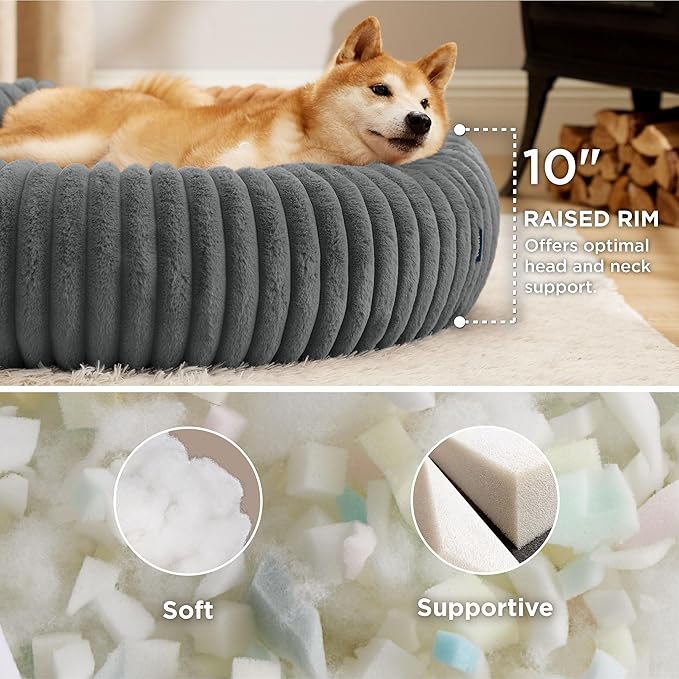 Bedsure Donut Large Dog Bed - Washable Faux Fur with Corduroy Fleece & Anti Slip Bottom, Round Pet Bed with Removable Cover, Warm Grey, 36x36x10 inches