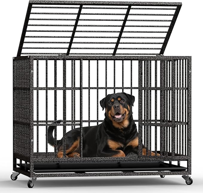 48In Heavy Duty Dog Crate, Indestructible Escape-Proof Kennel for Large Dogs, XL Dog Crates, Double Door, with Removable Tray and Wheels, Ideal for High-Anxiety Dogs