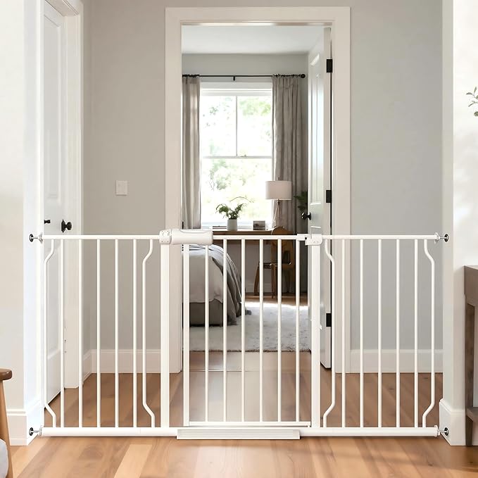 TSAYAWA 57.5"-62" Extra Wide Auto Closing Baby Safety Gate for Stairs & Doorways, Pressure Mounted No Drill Pet Gate with Walk-Through Door - Heavy Duty Childproof Gate for Toddlers, Kids, Dogs