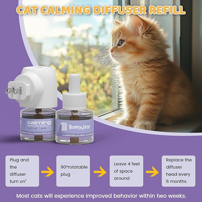 Cat Calming Diffuser Refills – Long-Lasting 30-Day Formula, Cat Pheromones Calming Diffuser for Stress Relief, Relaxation, and Anxiety Reduction, Easy to Use – (2 Diffusers + 2 Refills)