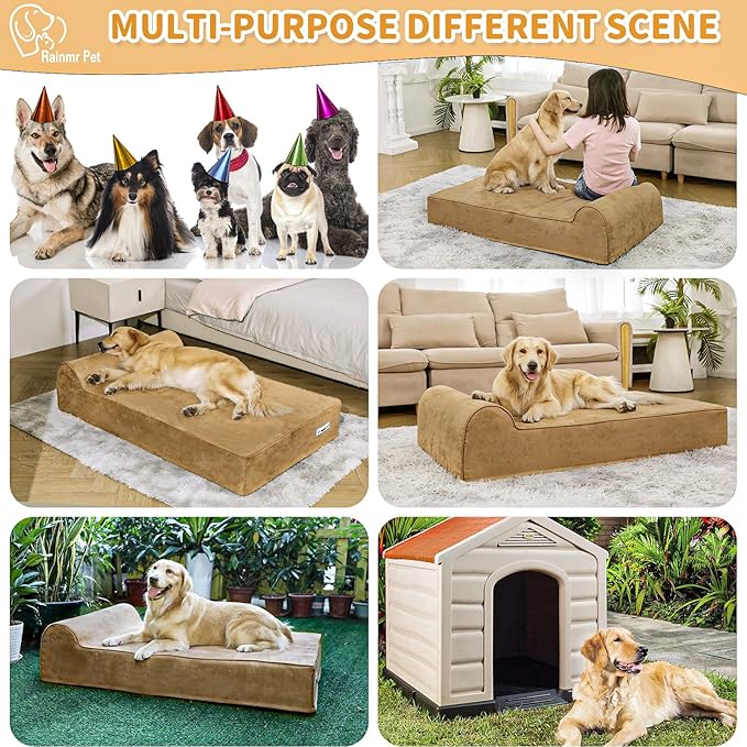 Orthopedic Dog Beds for Large Dogs, 7" Memory Foam Dog Beds with Waterproof Liner, Chew Proof Microsuede Cover, Removable and Washable, Nonskid Bottom, 48"x30" L Khaki