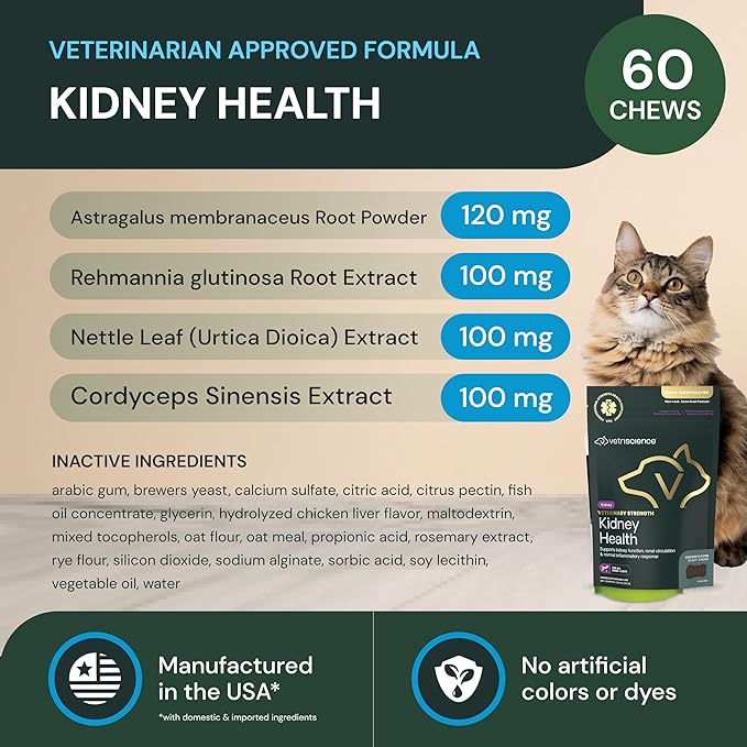 Vetriscience Veterinary Strength Kidney Health Chews - Balanced Kidney Support for Pets - Feline & Canine Renal Support - Holistic Formula - Chicken Liver Flavor - 60 Count