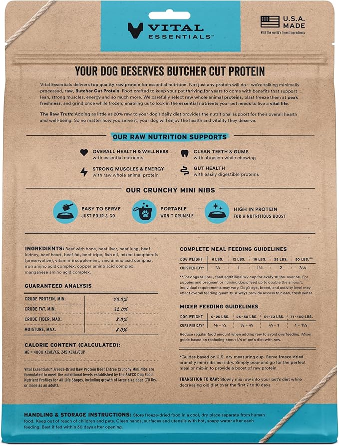 Vital Essentials Freeze-Dried Raw Beef Meal or Mixer Dog Food Crunchy Mini Nibs, 25 oz