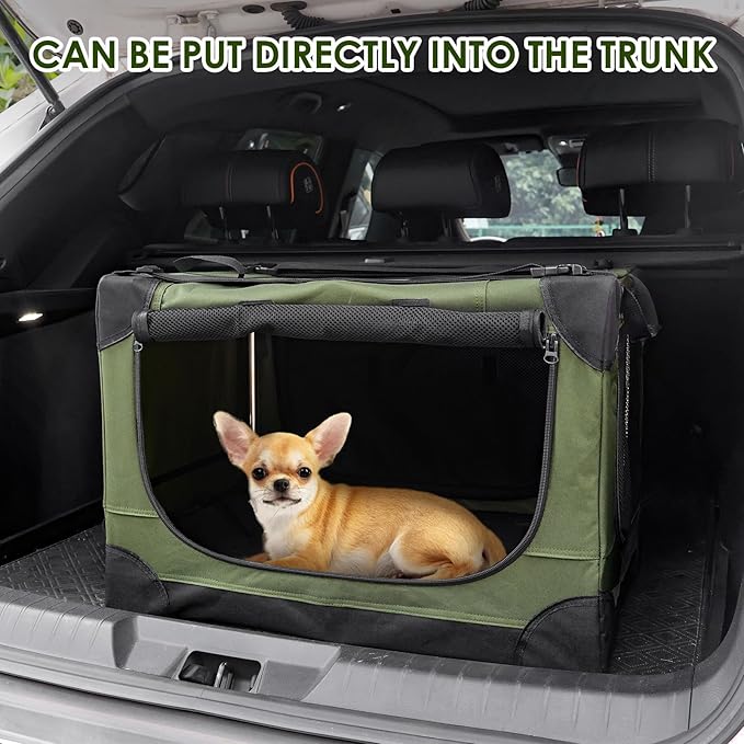 Soft Small Dog Crate - 24 inch Portable Travel Puppy Crate for Small Pets or 2 Cats, Collapsible Pet Carrier with 4 Mesh Doors, Car Kennel for Dogs with Handle for Indoor and Outdoor, Green