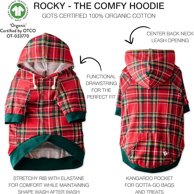 Rocky – The Orginal Lightweight Hooded TEE 100% Organic Cotton Dog Hoodie Pet Coat Sweater for Small, Medium, Large Dogs, Royal Stewart Plaid, Large