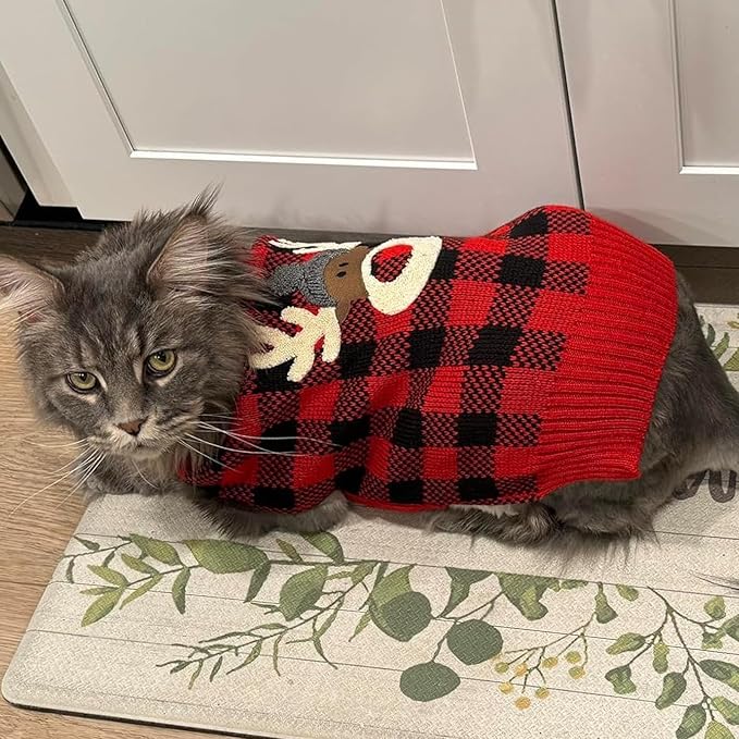 KYEESE Dog Christmas Sweater Reindeer with Leash Hole Christmas Dogs Sweater Red Buffalo Check Pet Sweater Dog Christmas Outfit,XL