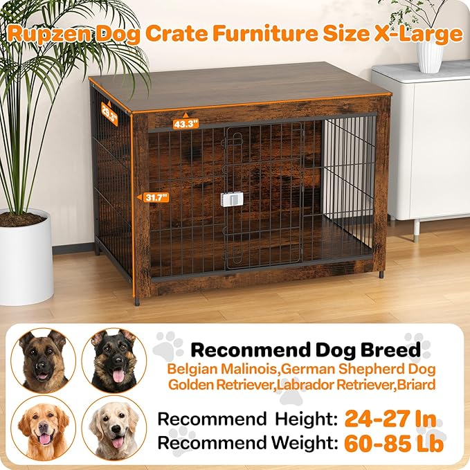 Dog Crate Furniture, Wooden Dog Crate 43in, Decorative Cage with End Table for Dog Indoor Kennel, High Anxiety Dog, Escape-Proof Locks for All Breeds