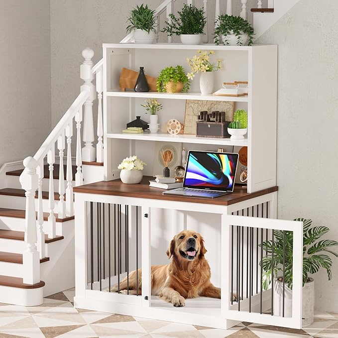 43 inches Furniture Style Dog Crate Wooden Dog Cage Indoor Heavy Duty Dog Kennel Decorative Pet Crate End Table for Large Medium Small Dog,White