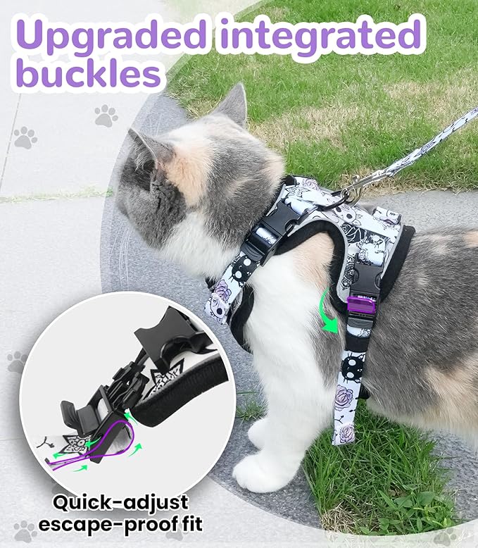 Halypet Cat Harness and Leash Set for Walking, Escape Proof Adjustable Vest Harness with 3-in-1 Integrated Buckles, Easy Control Soft Breathable Mesh with Reflective Strips for Cats, XS,Moonlight Meow