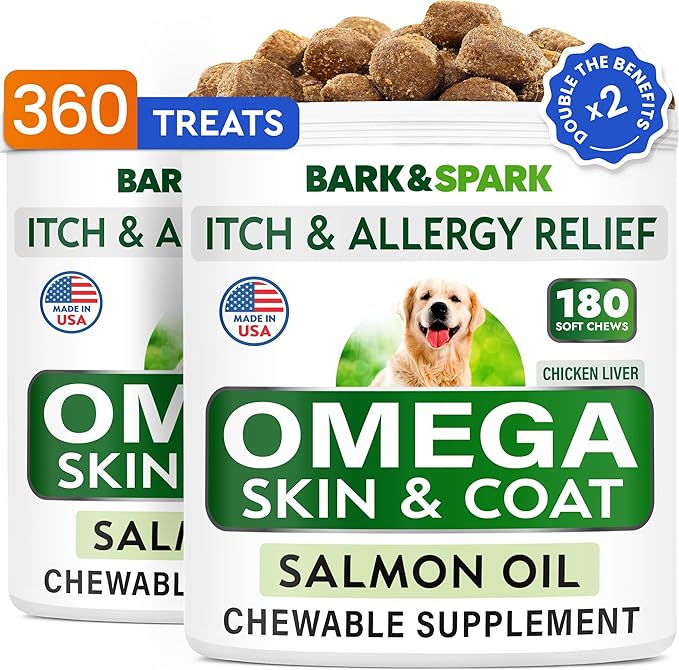 BARK&SPARK (Pack of 2 Omega 3 for Dogs - 360 Fish Oil Chews for Dog Shedding, Skin Allergy, Itch Relief, Hot Spots Treatment - Joint Health - Skin & Coat Supplement - EPA&DHA Fatty Acids