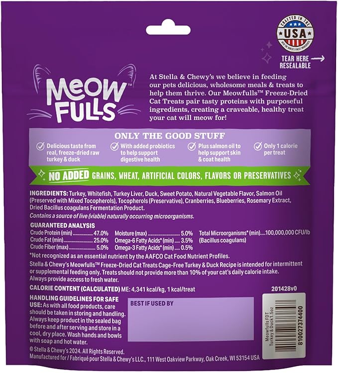 Stella & Chewy's Meowfulls Freeze Dried Cat Treats - Turkey & Duck Recipe - Raw Protein with Probiotics & Salmon Oil - 1 Calorie Per Treat - 1.5 oz