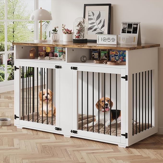 Dog Crate Furniture for 2 Dogs, 55 Inch Dog Crate Indoor with Removable Divider and Shelf Storage, Wooden Dog Crates for Medium Dogs, White