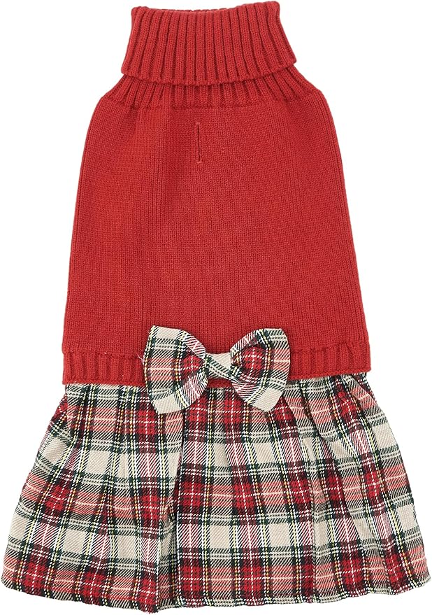 Lanyarco Burgundy Red Knitted Dog Sweater Dress, Dog Sweaters for Small Dogs Girl, Maltese Cat Apparel, Red,Small (S)