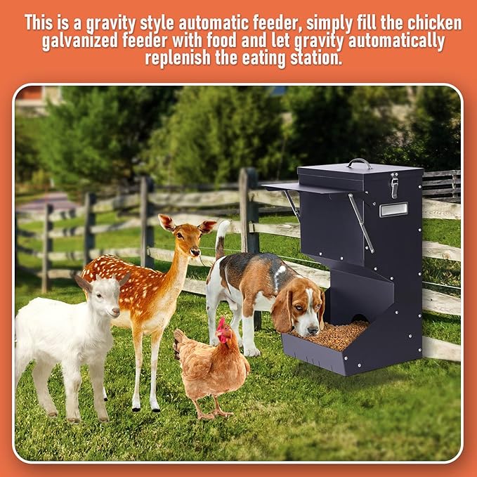 Outdoor Automatic Dog Feeder Large Breed 25 lbs, Galvanized Gravity Feeder for Dogs Metal Self Feeding Dog Food Dispenser Hanging Pet Food Feeders for Dogs Chickens and Farm Animals