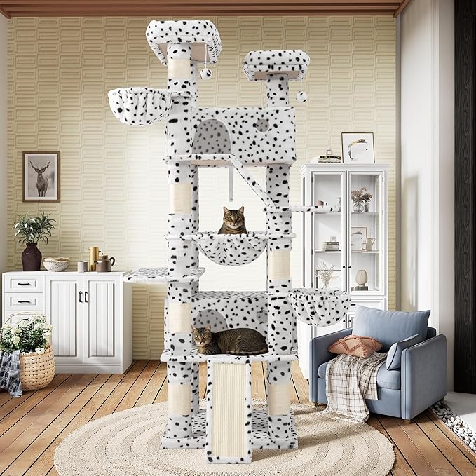 SHA CERLIN 81in Multi-Level Tall Cat Tree Tower for Indoor Kitties/Larger Cat Condo Furniture with Hammock/Cozy Pussycat Perches/Sisal Scratching Posts/Pet House/Wide Base/White & Black Spot