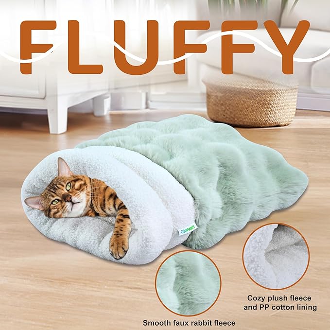 4 in 1 Self Warming Burrow Cat Bed, Pet Hideway Sleeping Cuddle Cave (Style2- Green)