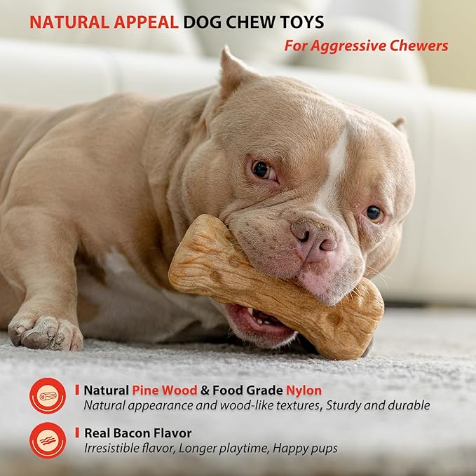 Willjoy 3-Pack Dog Chew Toys for Aggressive Chewers, Pine Wood & Tough Nylon, Bone Shaped Indestructible Dog Toy, Natural Looking Grooves & Textured, Bacon Flavor Large Dog Toys to Keep Them Busy