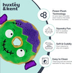 Huxley & Kent Halloween Funny Dog Toy w/Squeaker – Power Plush Squeaky Dog Toys for Small, Medium & Large Dogs – Soft Stuffed Animal for Indoor Play & Fetch - Frankenstein Donut, One Size
