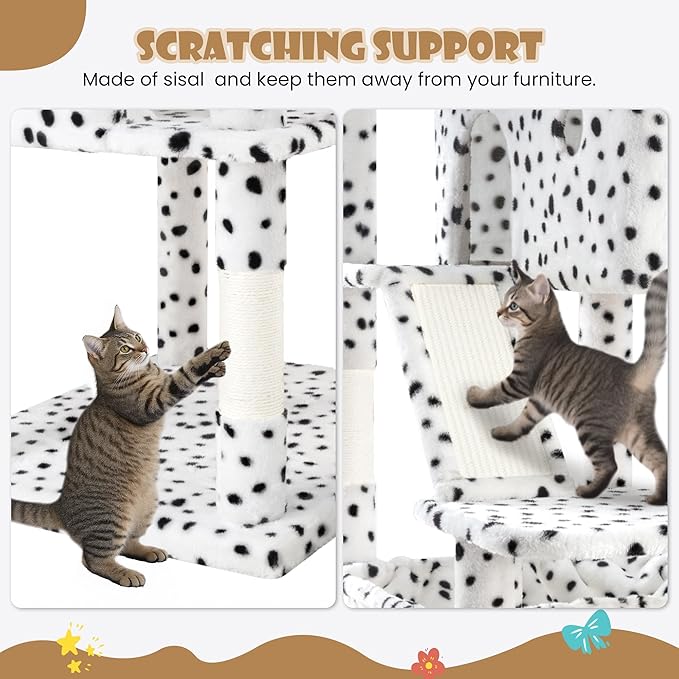 SHA CERLIN 81in Multi-Level Tall Cat Tree Tower for Indoor Kitties/Larger Cat Condo Furniture with Hammock/Cozy Pussycat Perches/Sisal Scratching Posts/Pet House/Wide Base/White & Black Spot