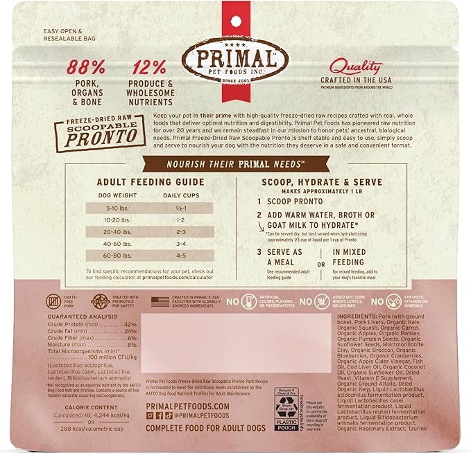 Primal Freeze Dried Dog Food, Pronto Mini Nuggets, Pork; Scoop & Serve, Complete & Balanced Meal; Also Use As Topper or Treat; Premium, Healthy, Grain Free, High Protein Raw Dog Food (16 oz)