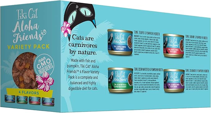 Tiki Cat Aloha Friends Variety Pack, Seafood Flavors with Pumpkin, Wet, High-Protein & High-Moisture Cat Food, For All Life Stages, 3 oz. Cans (Pack of 12)